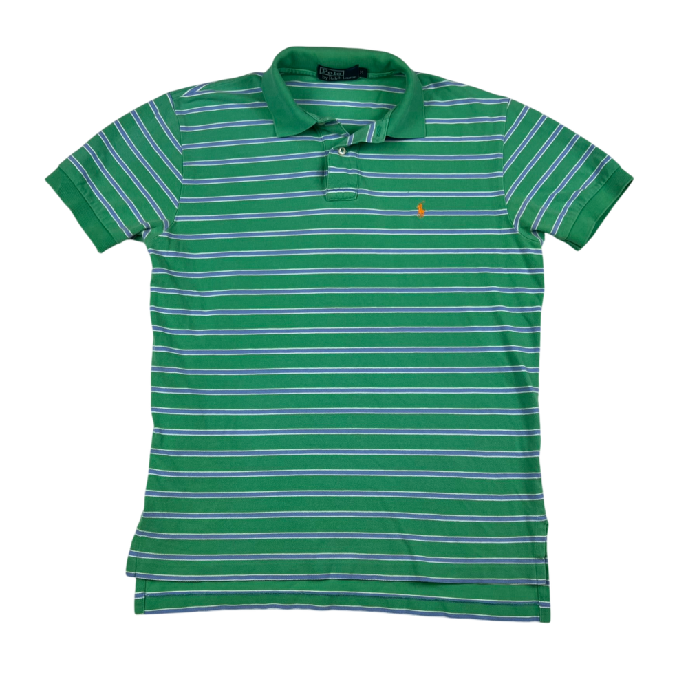 Polo Ralph Lauren Shirt Mens Medium Striped Green Logo Short Sleeve Rugby Preppy